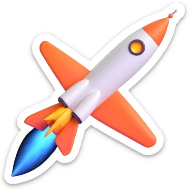 Space rocket, three-dimensional, in a cartoon style, on a white background, bright colors, with a perspective composition, high saturation, prominent details, floating effect, lively atmosphere sticker