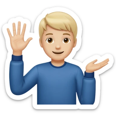 A boy who has his left \ hand say 6 and his right hand / say 7 and make the kid shrug and make him smile and white sticker