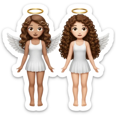 fake angel pose — long wavy brown hair tattooed woman and short tight curly brown hair woman — halo sparkle sticker