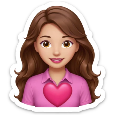 girl with long wavy brown hair, brown eyes, light to medium complexion, in a pink shirt, pink lips, long lashes, smiling, squeezing a big heart sticker