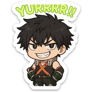 Create a chibi style illustration of Bakugou Katsuki with black hair and a mischievous toothy grin. Include the word 'Yurrrr!!' in neon lime green text above him. The background should be transparent. sticker