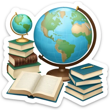 Create an emoji representing language translation. The design should feature a single globe in the background, symbolizing international communication. In front of the globe, place two opened books, with texts in it and a pen nearby to indicate the act of writing and vocabulary. Use a clean and professional color palette with blues, greens, and neutral tones. Do not include any emojis or smiley faces. Make the background transparent sticker