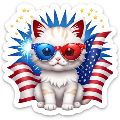 A red, white, and blue sparkly kitten wearing star-shaped sunglasses, with fireworks in the background and a mini flag. sticker