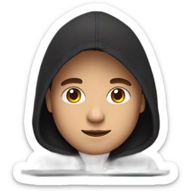 a man wearing a black hoodie behind a laptop screen sticker