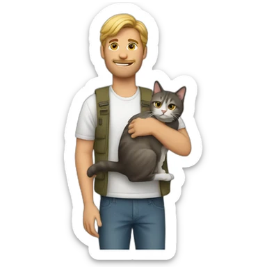 a man holding a cat sticker