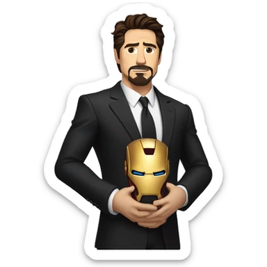 tony stark with a long bushy beard in a black suit an tie wearing the infinity gauntlet on his left hand sticker