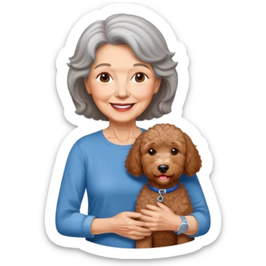 Smiling, peaceful elderly woman Brown hair chin legnth parted on the left side with silver streaks wearing blue jeans and a 3/4 sleeve legnth tshirt with a red labradoodle happy face. sticker