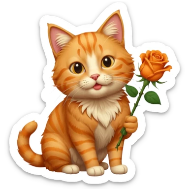 A fluffy, orange tabby cat fuul body, having a rose in it's mouth, and looked like he came from outside. sticker