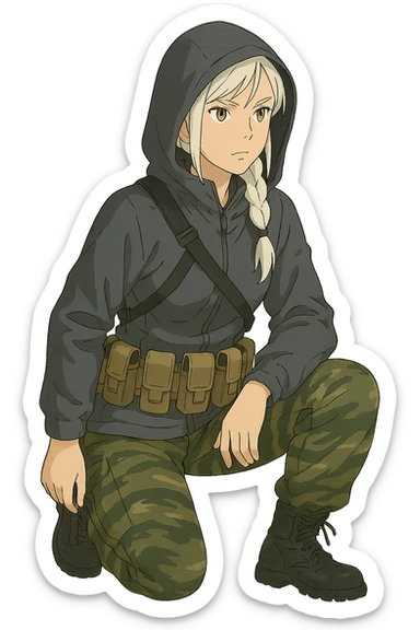 1 female, mid-20's  white hair long braid, gold yellow eyes, gray waterproof tactical shirt hoodie, hood up, single point sling, tan mag pouches on belt rig, tiger stripe camo pants, kneeling, stern focused expression sticker