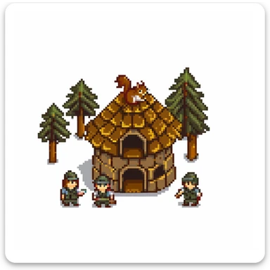 squirrel hut under construction with four workers sticker