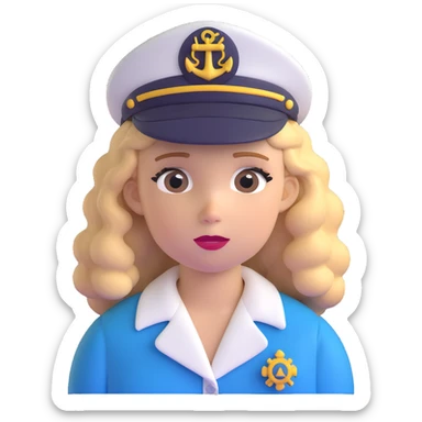 girl with curly dirty blonde hair, cruise captain hat, looking puzzled sticker