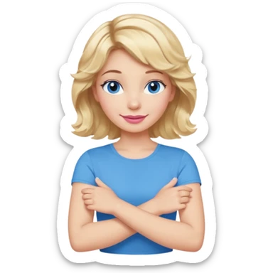 Girl Blonde short wavy hair,  blue eyes, cute blue top, long lashes, pink lips, smiling, making cross arms with arms  sticker