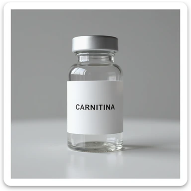 transparent glass vial with cap, white label with the word 'CARNITINA' prominently displayed, hyperrealistic 4K style sticker