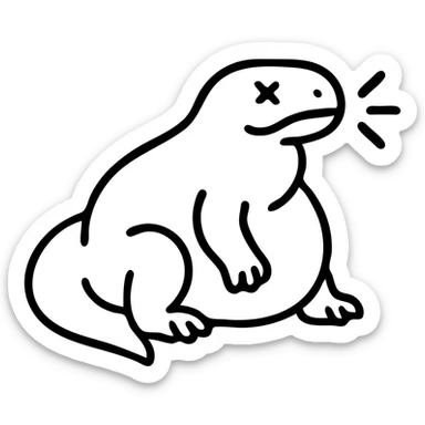 An outline of a chubby komodo dragon with motion lines indicating hiccups, oversized belly sticker