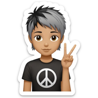 pixie shag hair black with streaks of gray, dark T-shirt with a peace sign. no hands  sticker