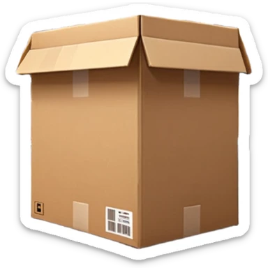 Ultra-realistic cardboard box inspired by the 📦 emoji in a warehouse environment, 4K, detailed corrugated texture, taped edges, industrial shelves in background, soft industrial lighting, realistic shadows, sharp focus, cinematic depth, professional photography. sticker