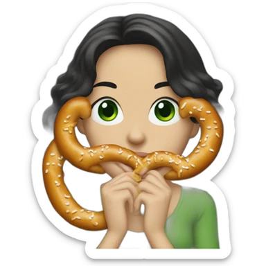 A Woman with green eyes and black wavy long hair and long nose eating a pretzel  sticker