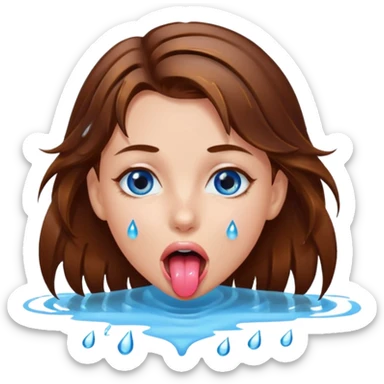 Girl with brown hair, blue eyes, a wet face and her tongue out. Can you make her face more wet? Can you add clear water droplets on her face and tongue? No water below her. Just on her face, hair and tongue. sticker