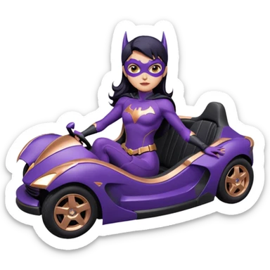  proportionally correct, real-appearance racing adult BatGirl’s feminine midnight-purple tight outfit sixty’s tv show 2032 stealth retro cat burglar sporty petite off-road pursuit floating black hover car with rose gold accents (black hair,reclined and relaxed seating position and attitude) sticker