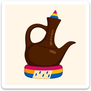 Create an emoji style image of an Ethiopian coffee pot (jebena) with a colorful base, preserving the shape and colorful details. The style should resemble emoji aesthetics with clear, simple, and vibrant colors. sticker