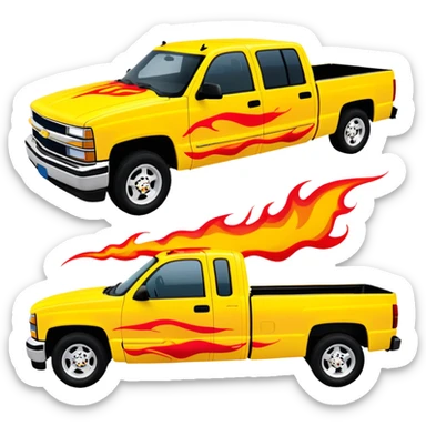 Yellow 1997 Chevrolet C-2500 Crew Cab Silverado with airbrushed red flame artwork on the hood and front fenders, custom painted flames like in Kill Bill movie, 30-degree view, iOS emoji style sticker