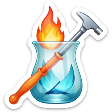 Glassworking icon, piece of glass being shaped with tools, glass cutter, flame for glassblowing, smooth edges, sparkling texture, minimalistic style, clean lines, transparent background. sticker