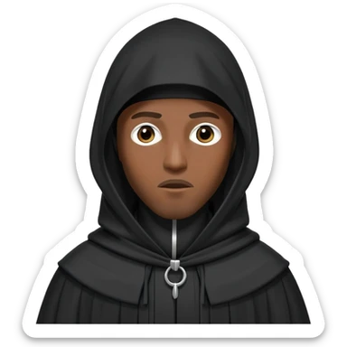 Black man wearing long black robe with tall pointed hood, face covered like a niqab with only eyes showing, standing in a confident, expressive pose sticker