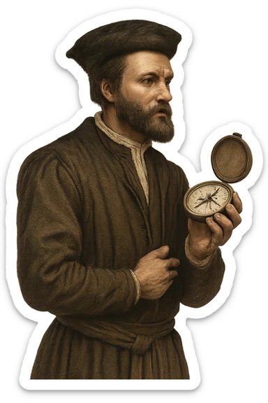 Jacques Cartier, French explorer, with a compass in hand, classic explorer hat, 16th-century style, no background sticker