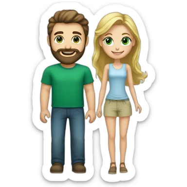 A happy couple, blond girl with blue eyes and dark haired and bearded man with green eyes sticker