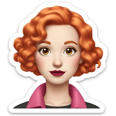 Woman with very pale skin, with bright red curly bob hair that is parted on the side, heavy eye makeup, cat eyeliner, long eyelashes, bright pink blush and bright pink lipstick  sticker
