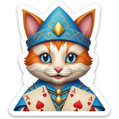 crazy colorful cute little cat jolly joker from poker, medieval, vintage, court jester, mac os icon, blue color, holds poker cards sticker