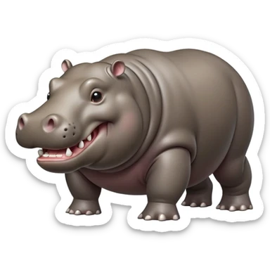 cinematic-hippo-realistic-full-body side view-standing on all fours-emoji,-massive-round-frame,-wide-mouthed-grin-exposing-huge-teeth,-head-tilted-dramatically,-thick-greyish-brown-hide-glossy-from-water,-simplified-yet-realistic-focused-features,-highly-detailed,-glowing-with-an-almost-sarcastic-glow sticker