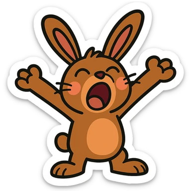 brown bunny stretching arms while yawning, vibrant-toon style sticker