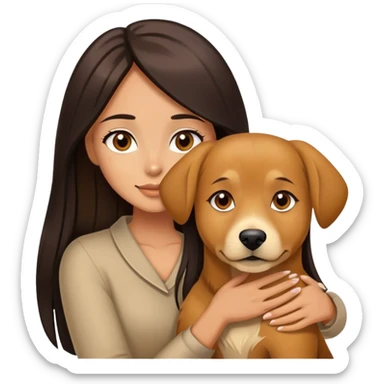 beautiful woman with dark long straight hair and brown eyes hugs a golden brown medium size dog sticker