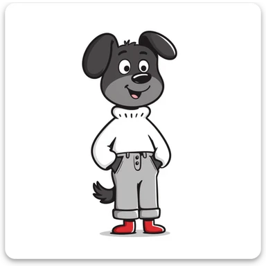 Brown dog standing upright with hands in jean pockets, wearing a white sweater and red shoes sticker