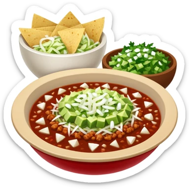 A delicious hot bowl of pozole rojo with the sides next to the bowl: chopped onions, shredded cabbage, lime wedges, red chile de arbol salsa, and full round tostadas sticker