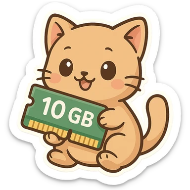 a cute cat holding a RAM stick marked '10 GB', cartoon style, adorable and playful sticker