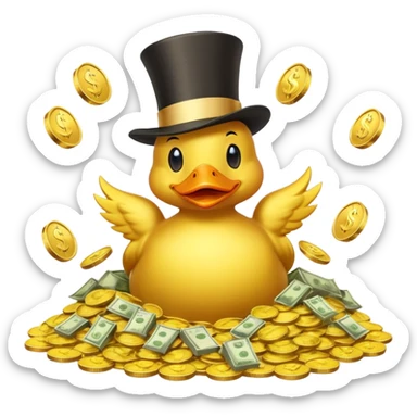 Duck character in top hat swimming in pile of gold coins and money bags sticker