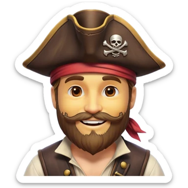 Clash of Clans aesthetic Cheerful Pirate Portrait Emoji, With a bright, confident smile and a relaxed yet adventurous posture, showcasing a stylized, rugged build with a classic pirate hat and a neatly groomed beard, his face in natural skin tone, Simplified yet expressive features, highly detailed, glowing with a soft, luminous maritime radiance, high shine, upbeat and daring, stylized with an air of classic swashbuckler allure, soft glowing outline, capturing the essence of a cheerful pirate ready to chart epic voyages! sticker
