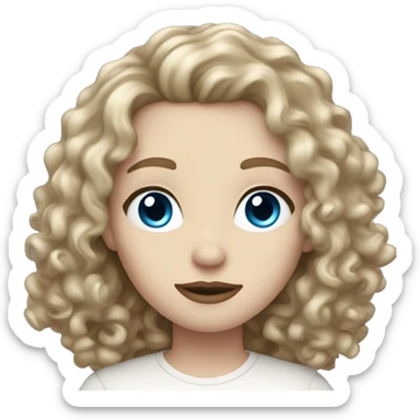 very pale skin, curly dark blonde hair, blue eyes, big lips, white shirt sticker