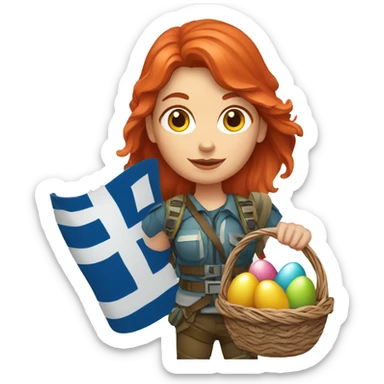 Female mountain climber red hair with Greek flag and holding Easter eggs basket sticker