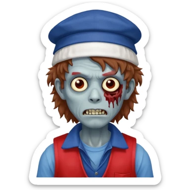 brown fluffy hair zombie with blue and white hat dark blue jilet red t shirt sticker