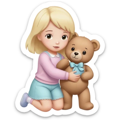 
a child in pastel clothes picks up a teddy bear sticker