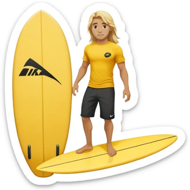 Man Surfer surfing with long blond hair, yellow t-shirt with black Nike logo in center of chest, black baggy sweatpants. On a yellow and white board sticker