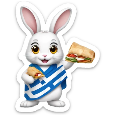 Bunny rabbit wearing Greek flag and holding gyros pita wrap sticker