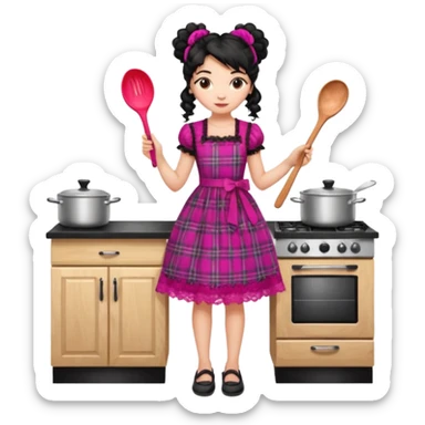 
A beautiful girl wears a fuchsia lace dress with a plaid pattern. Her long, curly black hair is styled in a messy bun. She wears accessories and holds a wooden kitchen spoon. She is standing and wearing black shoes. The illustration style is clipart. sticker