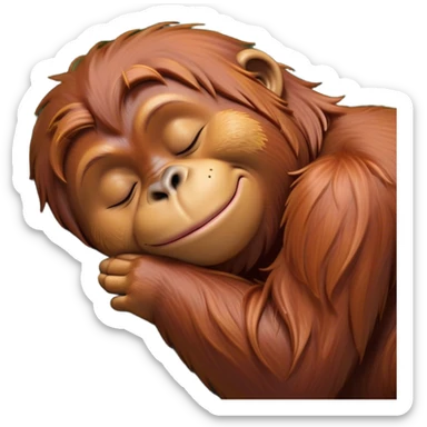 Meme-Worthy cute Sleeping Orangutan Portrait Emoji, Head resting peacefully with a contented smile, showcasing luxuriously soft fur and eyes gently closed in serene slumber, Simplified yet comically adorable features, highly detailed, glowing with a soft, drowsy jungle light, high shine, relaxed and utterly lovable, stylized with an air of playful laziness, bright and heartwarming, soft glowing outline, capturing the essence of a sleeping orangutan that feels destined to become the next viral icon of adorable rest! sticker