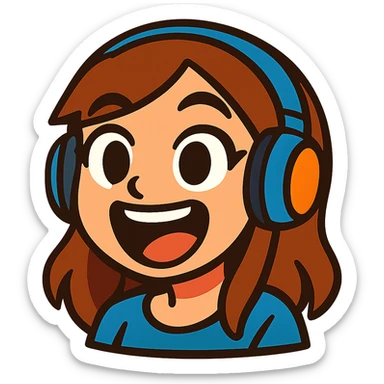 brown-haired gamer girl, excited expression, headphones, head only, emote sticker