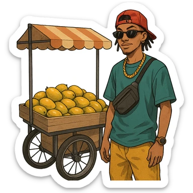 a young man selling mangoes, wearing hip street clothes and accessories, standing by a fruit cart sticker