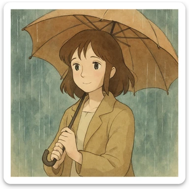 ghibli style girl with umbrella in the rain, gentle, atmospheric, soft rain effects sticker